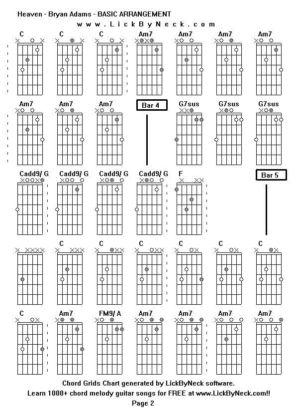 Chord Grids Chart of chord melody fingerstyle guitar song-Heaven - Bryan Adams - BASIC ARRANGEMENT,generated by LickByNeck software.